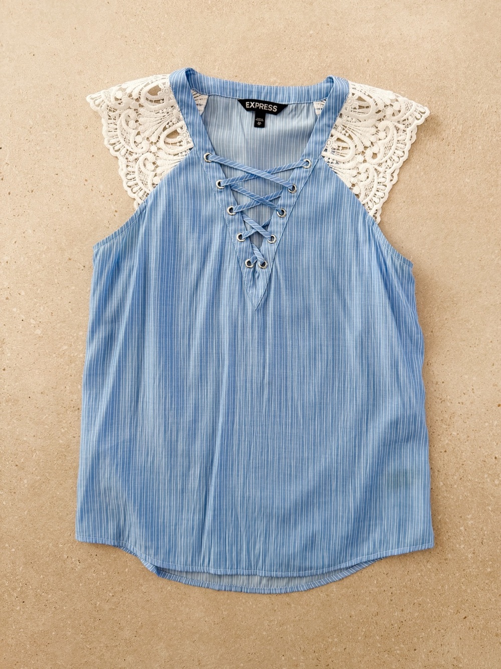 Express Women's Blue Lace-Up Tank with White Crochet Sleeves, XSww see